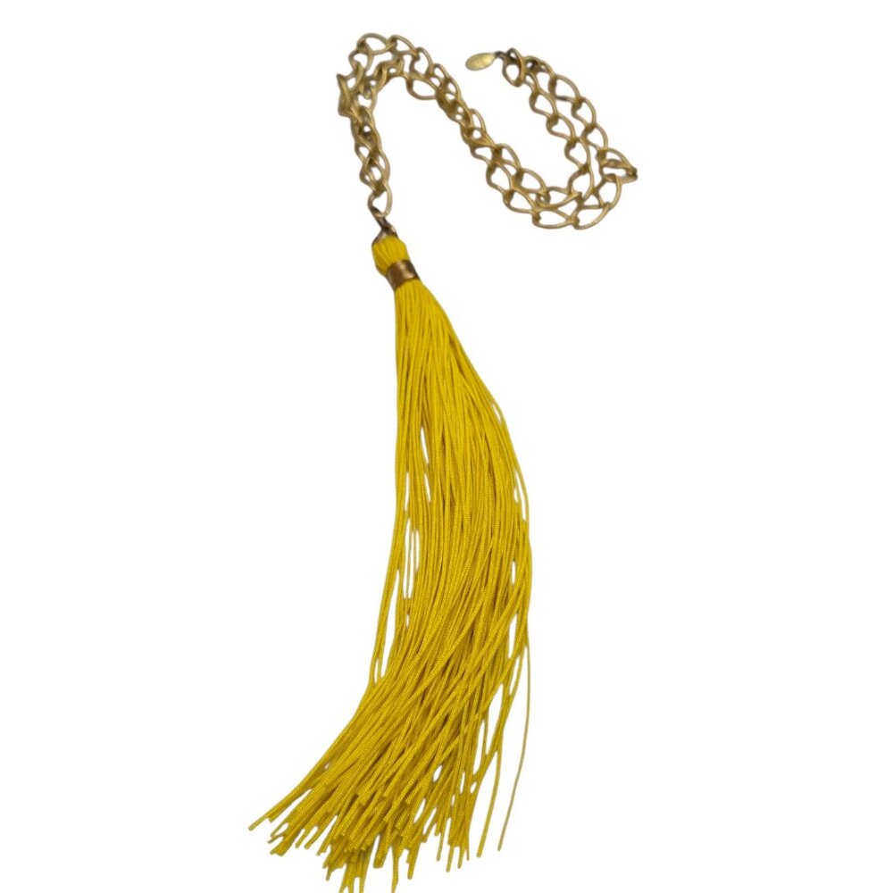 Vintage Signed Bee Charming NOS Yellow Silk Cord Huge Tassel Link Chain Necklace